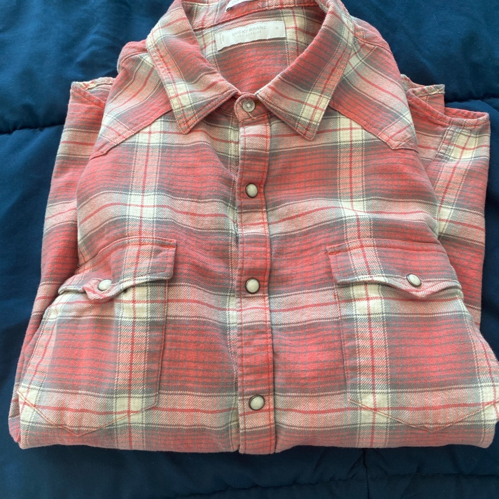 Lucky men’s button snap & button up shirts-Orange and White, Olive, & Blue plaid